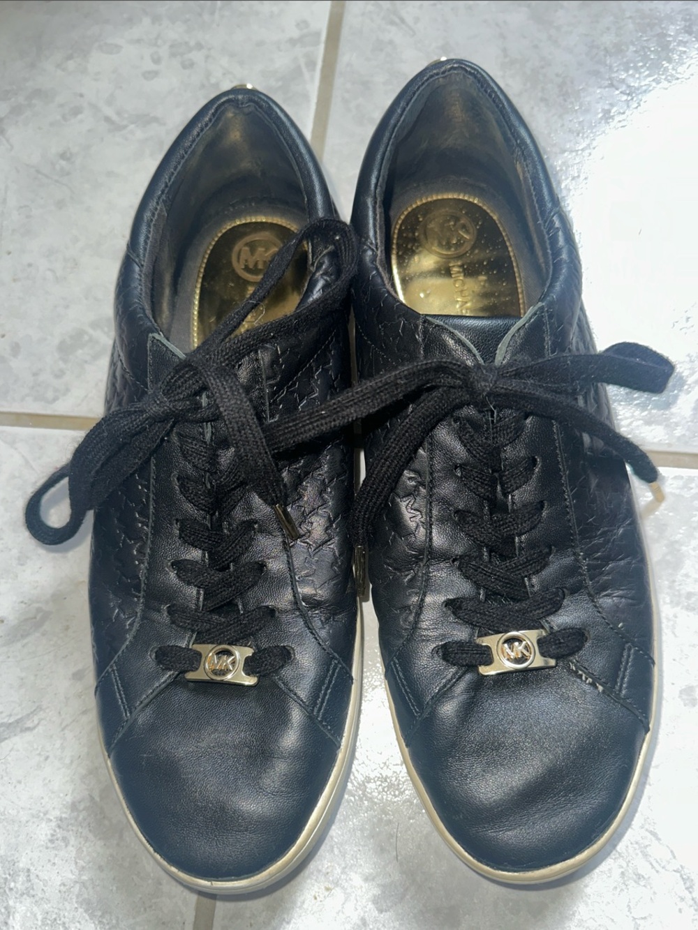Michael Kors Black Leather Sneakers with Gold Accents